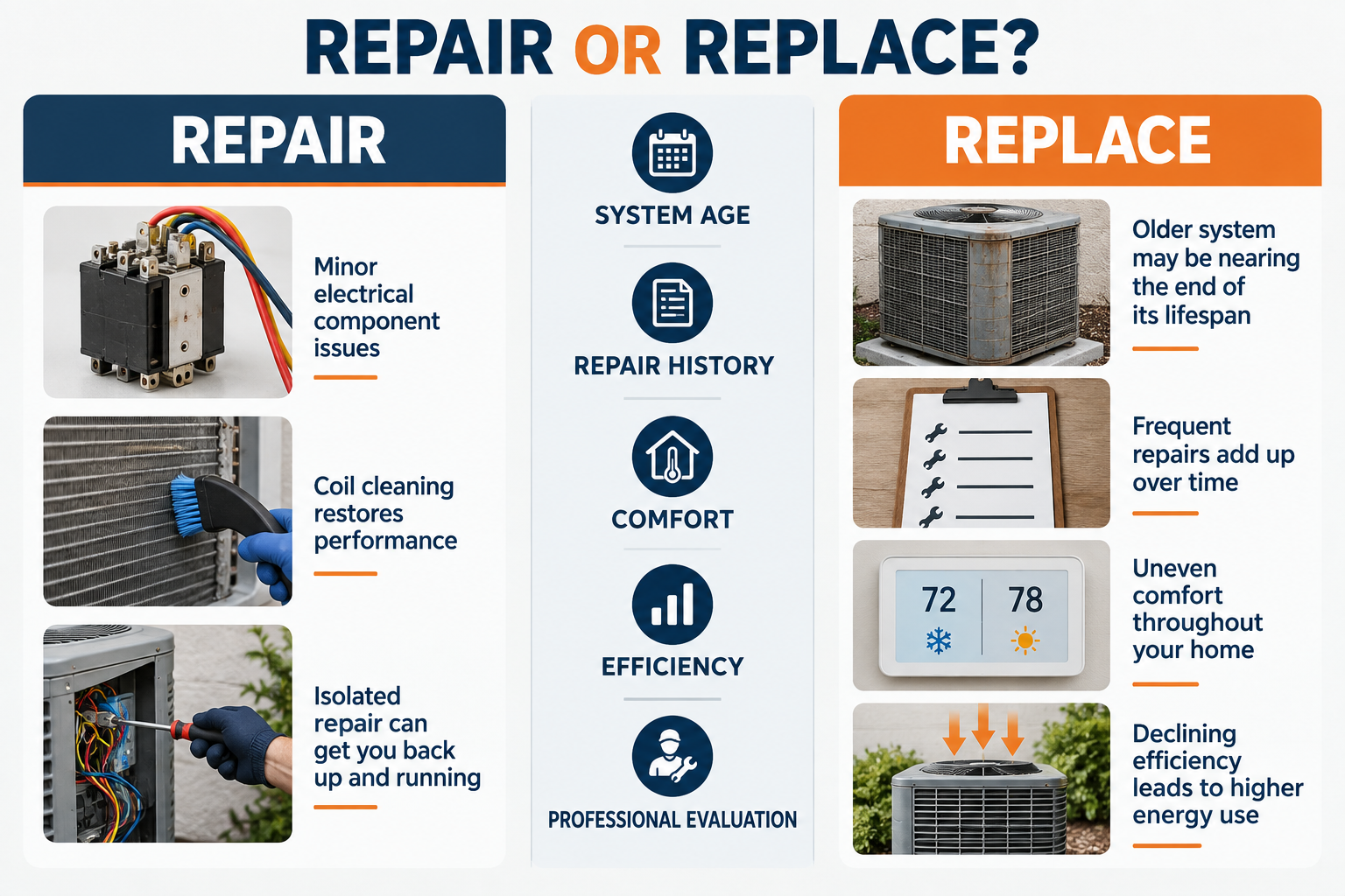 Decision framework comparing AC repair and replacement factors in Phoenix