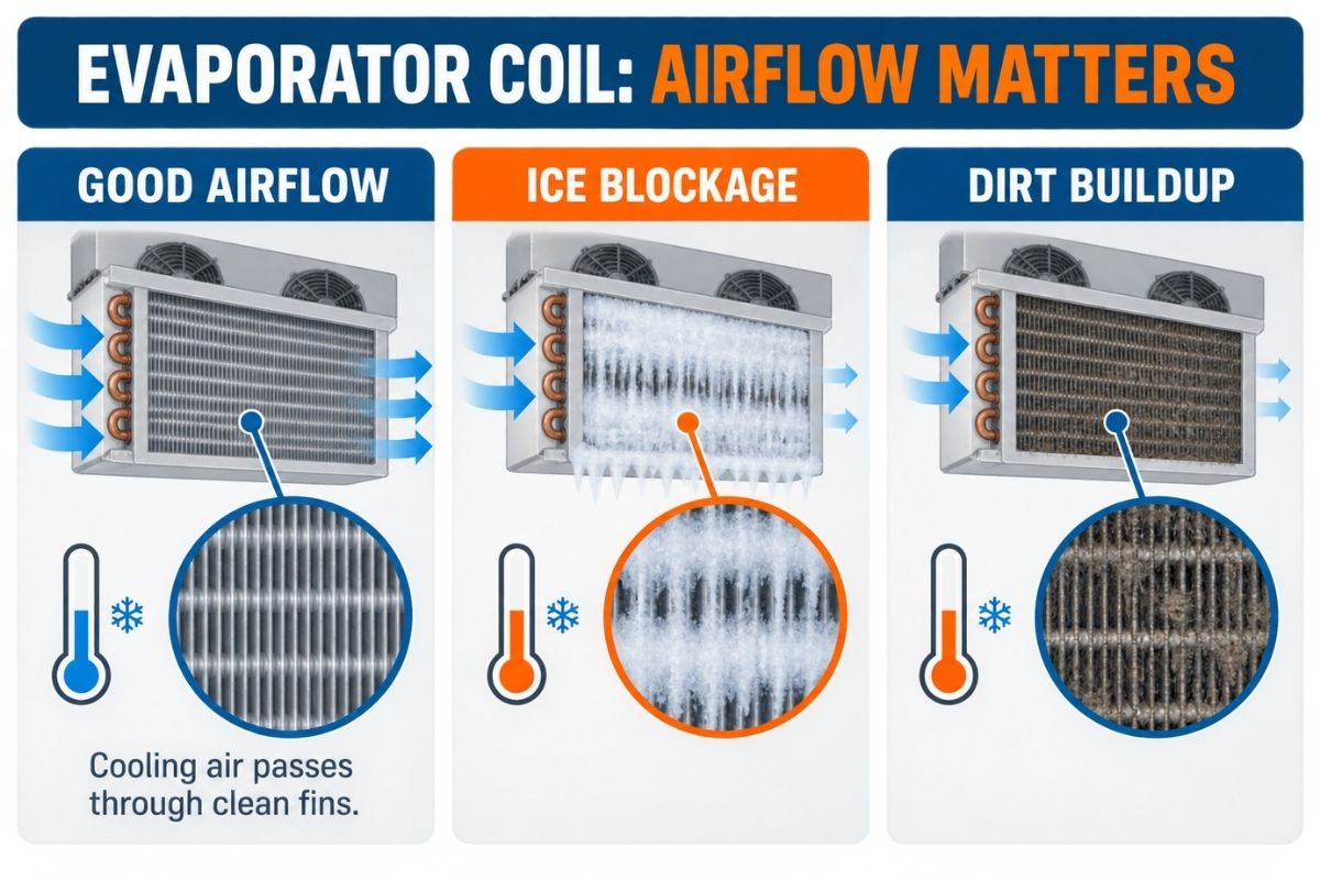 Technician inspecting a walk-in cooler evaporator coil with ice and dirt buildup