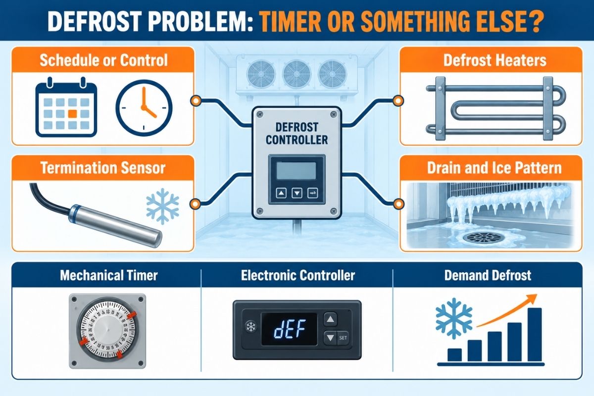Technician diagnosing a walk-in freezer defrost timer and evaporator icing