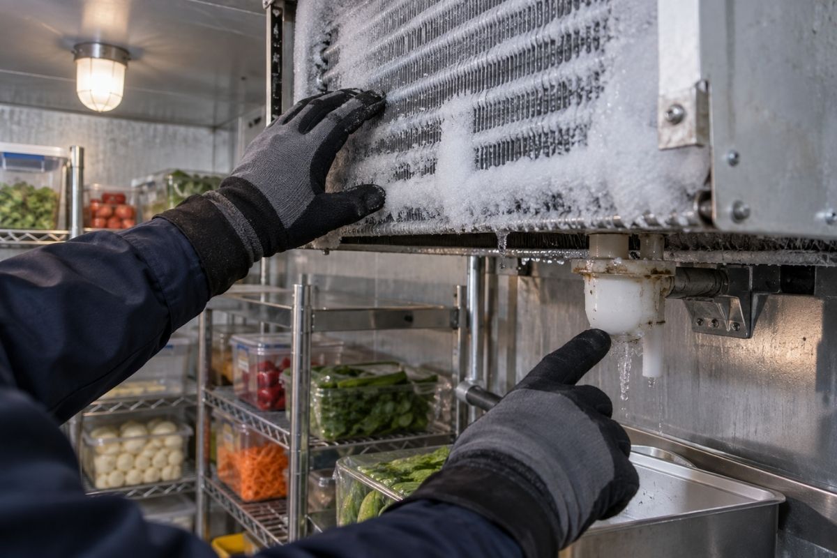 Technician inspecting a Phoenix walk-in cooler after monsoon season