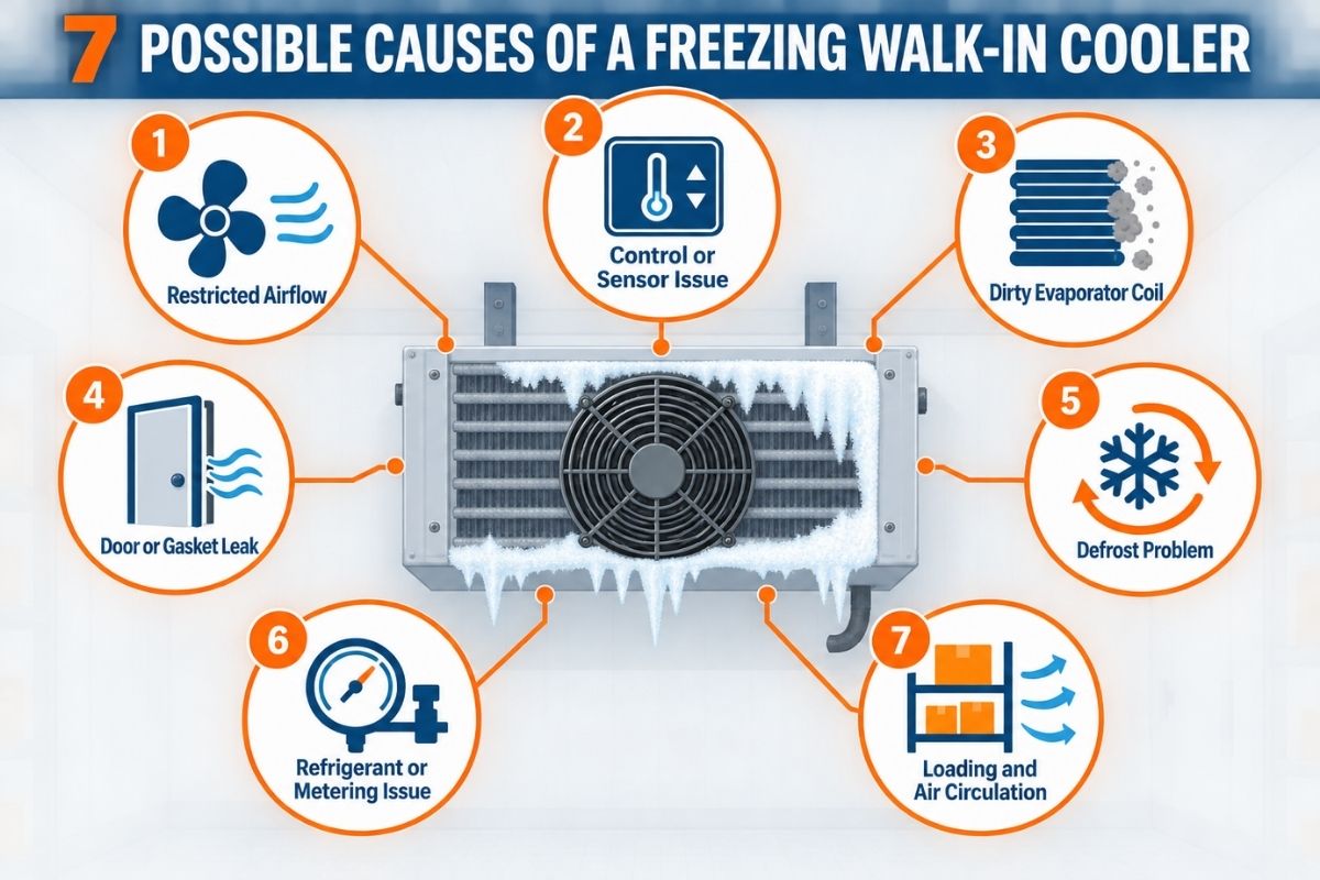 Technician inspecting ice buildup inside a commercial walk-in cooler